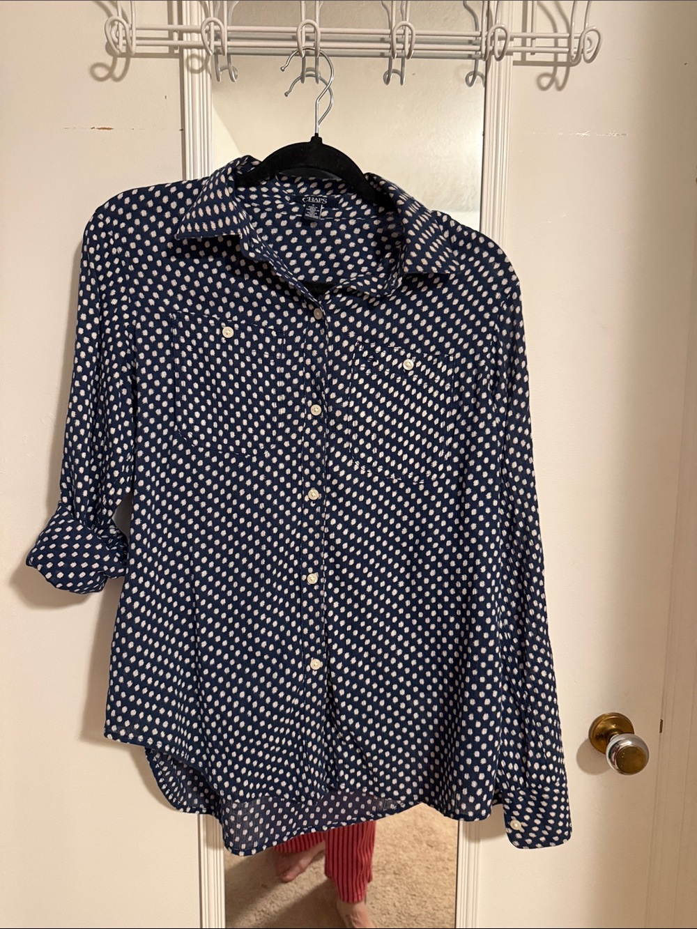 Chaps Navy and White Polka Dot Button-Down Shirt